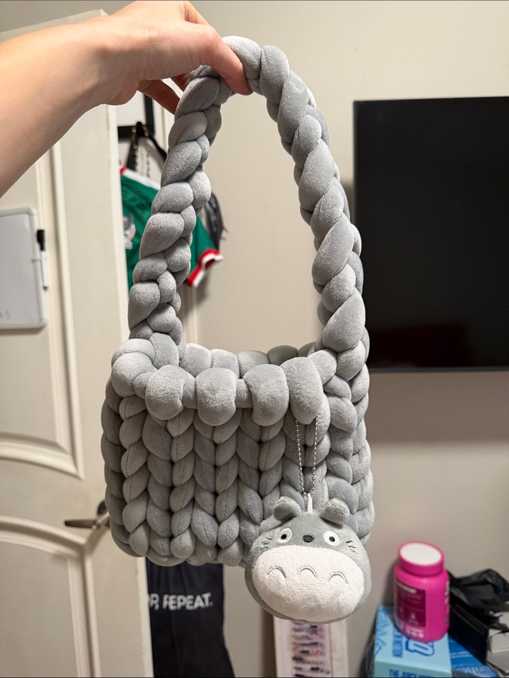 Chunky Braided Plush Tote Bag in Light Gray
